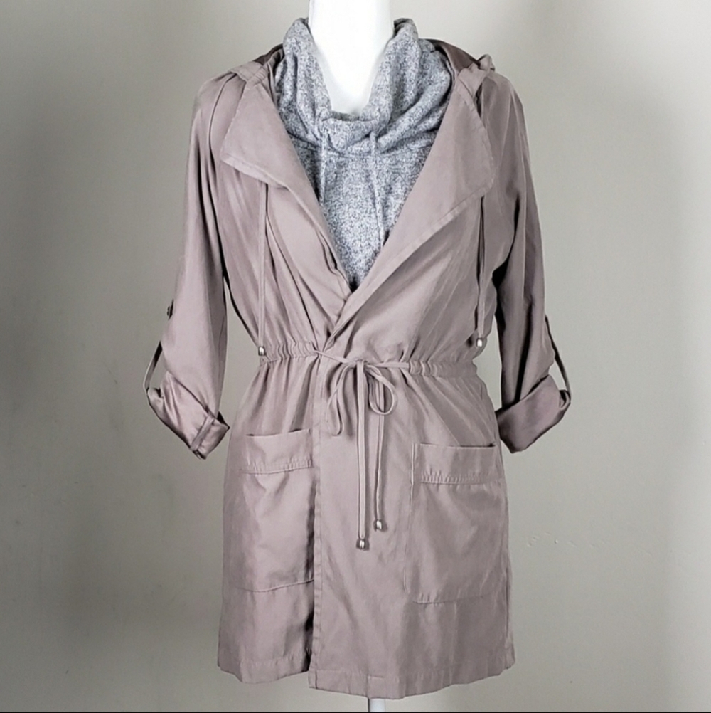 Becool Tan Hooded Utility Jacket Coat Women's Medium Drawstring Roll Tab Sleeves